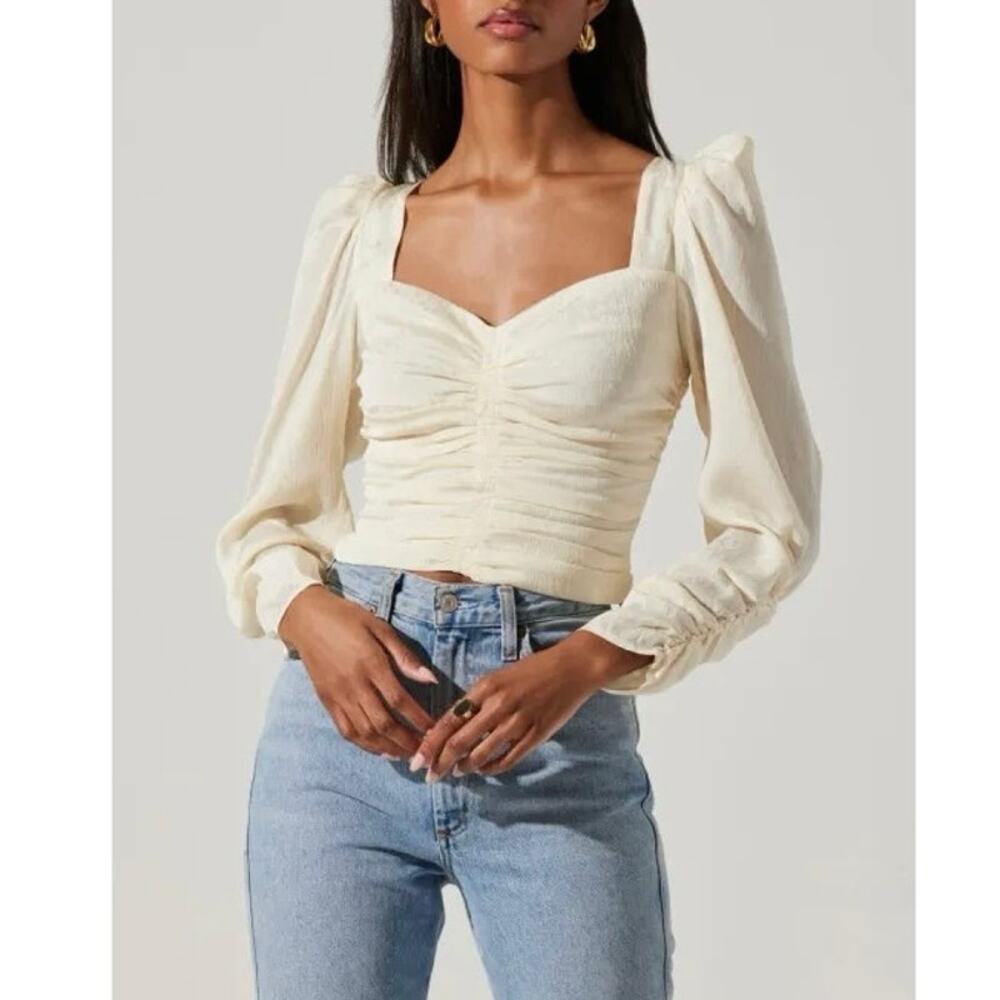 ASTR Ruched Cropped Blouse Small Cream Smocked Party Romantic Coquette Bridal